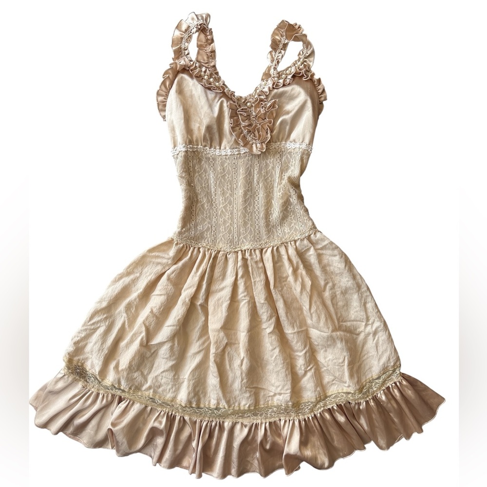 Vintage Fantasy Fairy Coquette Satin Lace Pearls Cream Ruffled Dress - Small
